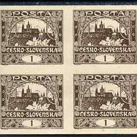 Czechoslovakia 1918-19 Hradcany Castle 1h chocolate imperf block of 4 unmounted mint but minor wrinkles, SG3