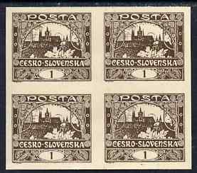 Czechoslovakia 1918-19 Hradcany Castle 1h chocolate imperf block of 4 unmounted mint but minor wrinkles, SG3