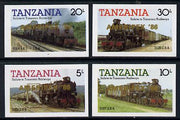 Tanzania 1985 Locomotives imperf proof set of 4 each with 'AMERIPEX 86' opt in gold (unissued) unmounted mint*