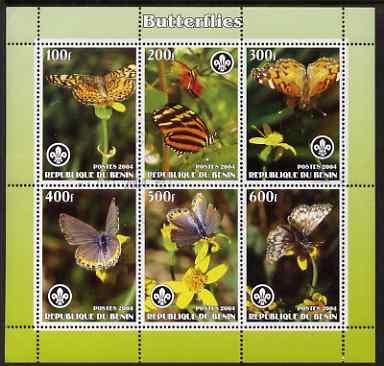 Benin 2004 Butterflies perf sheetlet containing set of 6 values each with Scouts logo, cto used