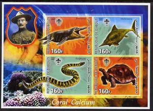 Djibouti 2005 Pre-historic Life #2 (Tortoise, Snake, Fish & Coral) imperf sheetlet containing 4 values each with Scout Logo, unmounted mint