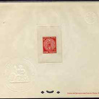 French Guiana 1947 Postage Due 4f rose-red Epreuves deluxe proof sheet in issued colour with Official French Colonies impressed die stamp (from very limited printing) being the first item to feature a Frog, as SG D250