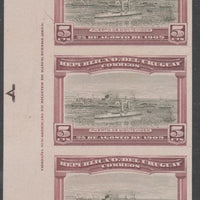 Uruguay 1909 Cruiser in Port Montevideo 5c imperf imprint colour trial proof strip of 3 in grey-green & brown on enamelled card, as SG 283