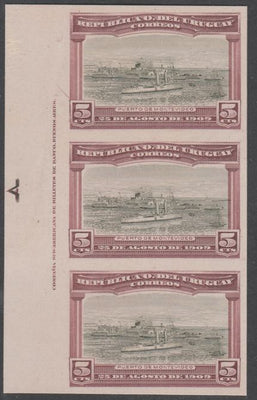 Uruguay 1909 Cruiser in Port Montevideo 5c imperf imprint colour trial proof strip of 3 in grey-green & brown on enamelled card, as SG 283