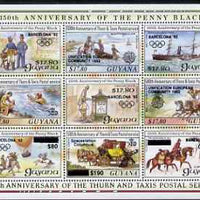 Guyana 1992 Anniversaries opt in black (Barcelona Olympics, Space Station & Europa) on sheetlet of 9 (150th Anniversary of Penny Black and Thurn & Taxis Postal Anniversary - Mail Carriers) unmounted mint