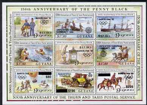 Guyana 1992 Anniversaries opt in black (Barcelona Olympics, Space Station & Europa) on sheetlet of 9 (150th Anniversary of Penny Black and Thurn & Taxis Postal Anniversary - Mail Carriers) unmounted mint