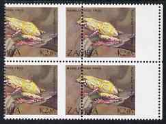 Zambia 1989 Reed Frog 2k85 marginal block of 4 from right of the sheet with superb 10mm misplacement of perforations, (part of stamp blank) unmounted mint SG 569var