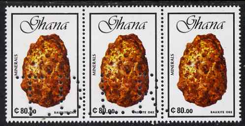 Ghana 1991 minerals 80c Bauxite Ore strip of 3 with part perfin 'T.D.L.R. SPECIMEN' (Note: blocks of 6 would be required to show the full perfin legend) unmounted mint ex De La Rue archive sheet