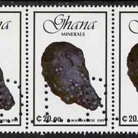 Ghana 1991 minerals 20c Manganese Ore strip of 3 with part perfin 'T.D.L.R. SPECIMEN' (Note: blocks of 6 would be required to show the full perfin legend) unmounted mint ex De La Rue archive sheet