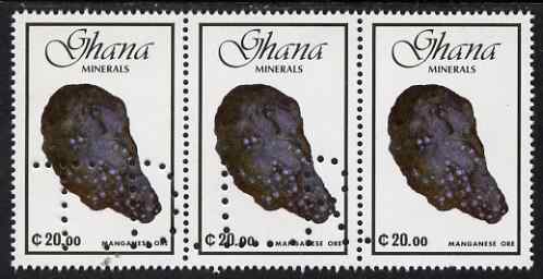 Ghana 1991 minerals 20c Manganese Ore strip of 3 with part perfin 'T.D.L.R. SPECIMEN' (Note: blocks of 6 would be required to show the full perfin legend) unmounted mint ex De La Rue archive sheet