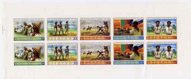 Lesotho 1982 75th Anniversary of Scouting imperf sheetlet containing 2 sets of 5 unmounted mint but slight wrinkles, SG 474-8