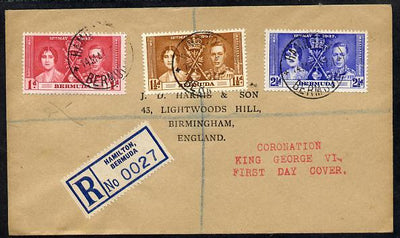 Bermuda 1937 KG6 Coronation set of 3 on cover with first day cancel addressed to the forger, J D Harris.,Harris was imprisoned for 9 months after Robson Lowe exposed him for applying forged first day cancels to Coronation covers (details supplied).