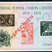 Exhibition souvenir sheet for 1974 Stampex commemorating the UPU Centenary and,showing UPU designs, overprinted SPECIMEN unmounted mint