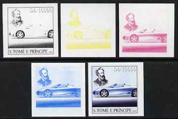 St Thomas & Prince Islands 2004 Jules Verne 10,000 Db (with modern Sports Car) the set of 5 imperf progressive proofs comprising the 4 individual colours plus all 4-colour composite, unmounted mint