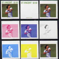 St Vincent 1988 Cricketers $2.50 Imran Khan the set of 9 imperf progressive proofs comprising the 5 individual colours plus 2, 3, 4 and all 5-colour composites unmounted mint, as SG 1149