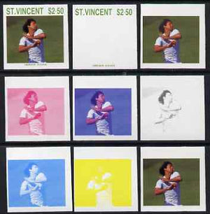 St Vincent 1988 Cricketers $2.50 Imran Khan the set of 9 imperf progressive proofs comprising the 5 individual colours plus 2, 3, 4 and all 5-colour composites unmounted mint, as SG 1149