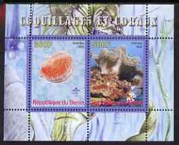 Benin 2008 Shells & Coral #1 perf sheetlet containing 2 values each with Scout Logo, unmounted mint