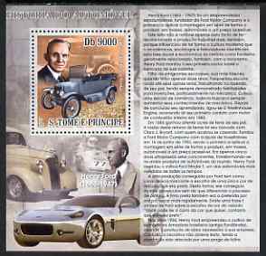 St Thomas & Prince Islands 2007 History of Cars - Henry Ford perf deluxe s/sheet containing 1 value unmounted mint