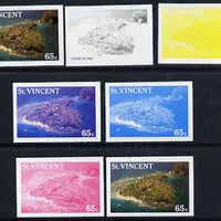 St Vincent 1988 Tourism 65c Aerial View of Young Island - the set of 7 imperf progressive proofs comprising the 4 individual colours plus 2, 3 & all 4-colour composites, unmounted mint, as SG 1135