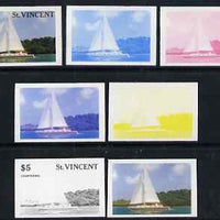 St Vincent 1988 Tourism $5 Cruising Yacht - the set of 7 imperf progressive proofs comprising the 4 individual colours plus 2, 3 & all 4-colour composites, unmounted mint, as SG 1136