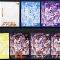 St Vincent - Grenadines 1988 International Tennis Players 50c Kevin Curran - the set of 9 imperf progressive proofs comprising the 5 individual colours plus 2, 3, 4 & all 5-colour composites, unmounted mint, as SG 583