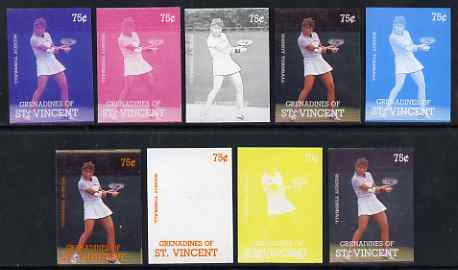 St Vincent - Grenadines 1988 International Tennis Players 75c Wendy Turnbull - the set of 9 imperf progressive proofs comprising the 5 individual colours plus 2, 3, 4 & all 5-colour composites, unmounted mint, as SG 584