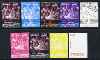 St Vincent - Grenadines 1988 International Tennis Players $1 Evonne Cawley - the set of 9 imperf progressive proofs comprising the 5 individual colours plus 2, 3, 4 & all 5-colour composites, unmounted mint, as SG 585