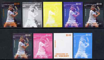 St Vincent - Grenadines 1988 International Tennis Players $3 Bjorn Borg - the set of 9 imperf progressive proofs comprising the 5 individual colours plus 2, 3, 4 & all 5-colour composites, unmounted mint, as SG 588