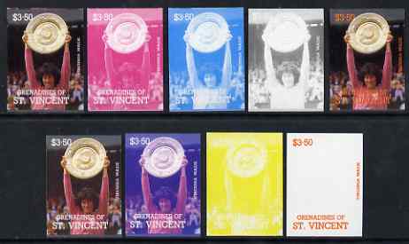 St Vincent - Grenadines 1988 International Tennis Players $3.50 Virginia Wade - the set of 9 imperf progressive proofs comprising the 5 individual colours plus 2, 3, 4 & all 5-colour composites, unmounted mint, as SG 589