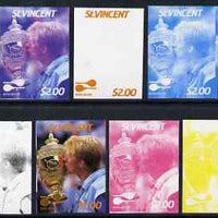 St Vincent 1987 International Tennis Players $2 Boris Becker - the set of 9 imperf progressive proofs comprising the 5 individual colours plus 2, 3, 4 & all 5-colour composites, unmounted mint, as SG 1064