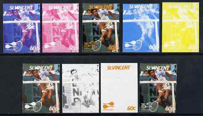 St Vincent 1987 International Tennis Players 60c Yannick Noah - the set of 9 imperf progressive proofs comprising the 5 individual colours plus 2, 3, 4 & all 5-colour composites, unmounted mint, as SG 1058