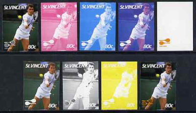 St Vincent 1987 International Tennis Players 80c Ivan Lendl - the set of 9 imperf progressive proofs comprising the 5 individual colours plus 2, 3, 4 & all 5-colour composites, unmounted mint, as SG 1059