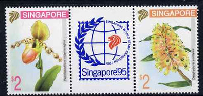 Singapore 1995 Stamp Exhibition - Orchids se-tenant strip of three (2 stamps and one label) unmounted mint as SG 795-96