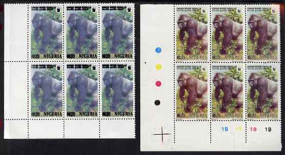 Nigeria 2008 WWF - Gorilla N20 perf essay trial with an overal bluish colour, very thick lettering and without imprint , the lower left corner block of 6 without cylinder numbers or check dots complete with normal cyl block, unmou……Details Below