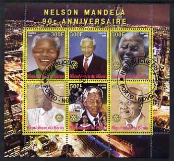 Benin 2008 Nelson Mandela 90th Birthday perf sheetlet containing 6 values each with Rotary Logo, fine cto used