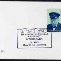 Postmark - Great Britain 1974 card bearing illustrated cancellation for Churchill Centenary (Oldham - Churchil''s First Constituency)