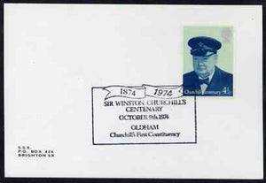 Postmark - Great Britain 1974 card bearing illustrated cancellation for Churchill Centenary (Oldham - Churchil''s First Constituency)