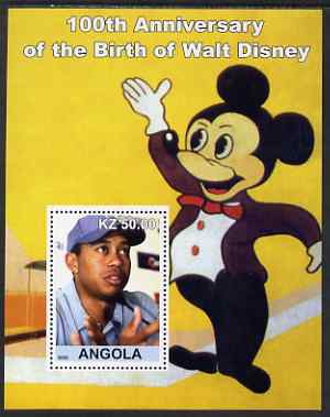 Angola 2002 Birth Centenary of Walt Disney #03 perf s/sheet - Tiger Woods & Mickey Mouse unmounted mint