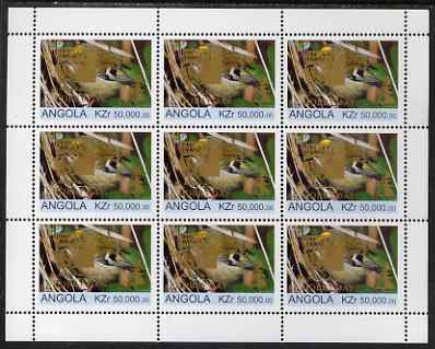 Angola 1999 Birds 50,000k from Flora & Fauna def set complete perf sheet of 9 each opt'd in gold with France 99 Imprint with Chess Piece and inscribed Hobby Day, unmounted mint. Note this item is privately produced and is offered ……Details Below