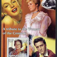 Somaliland 2002 A Tribute to the Woman of the Century #07 - The Queen Mother perf m/sheet also showing Walt Disney, Diana, Marilyn & Elvis, unmounted mint