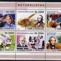 St Thomas & Prince Islands 2008 Naturalists (Haroun Tazieff - Vulcanologist, John Gould, Normal L Bowen, von Goethe, Ivan Pavlov, Charles Darwin) perf sheetlet containing 6 values unmounted mint