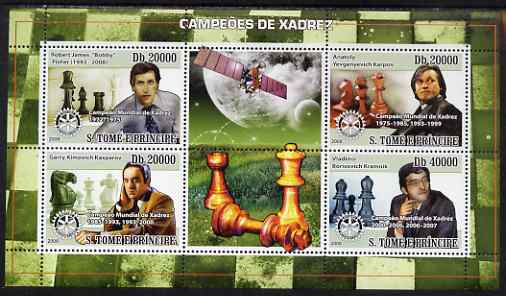 St Thomas & Prince Islands 2008 Chess Champions (Bobby Fisher, Anatoly Karpov, Garry Kasparov, Vladimir Kramnik) perf sheetlet containing 4 values each with Rotary International logo unmounted mint