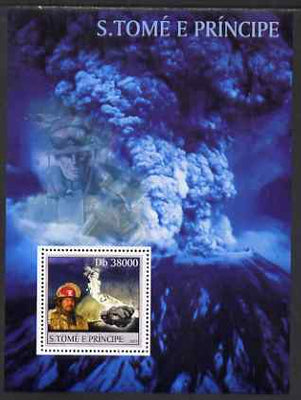 St Thomas & Prince Islands 2003 Volcanoes (with Ash Clouds Fire-fighter & minerals) perf souvenir sheet unmounted mint Mi Bl 1425