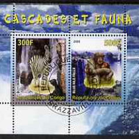 Congo 2008 Waterfalls & Animals (Zebra & Monkey) perf sheetlet containing 2 values cto used