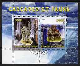 Congo 2008 Waterfalls & Animals (Zebra & Monkey) perf sheetlet containing 2 values cto used