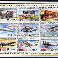 Guyana 1992 Anniversaries scarce opt in red (CEPT, Columbian Stamp Expo etc) on sheetlet of 9 (150th Anniversary of Penny Black and Thurn & Taxis Postal Anniversary - Aircraft & Trains) unmounted mint