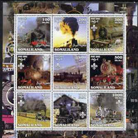 Somaliland 2002 Steam Trains #2 perf sheetlet containing set of 9 values each with Scout Logo unmounted mint