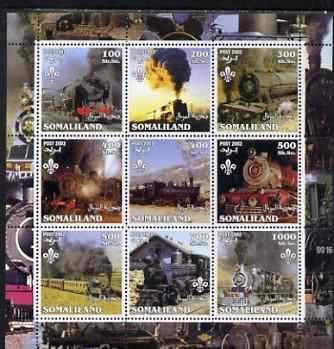 Somaliland 2002 Steam Trains #2 perf sheetlet containing set of 9 values each with Scout Logo unmounted mint