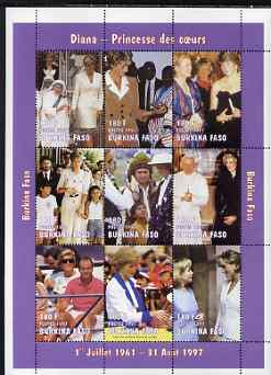 Burkina Faso 1997 Princess Diana #3 perf sheetlet containing 9 values (various portraits) unmounted mint