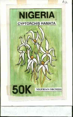 Nigeria 1993 Orchids - original hand-painted artwork for 50k value (Cyrtorchis hamata) by Godrick N Osuji on card 5